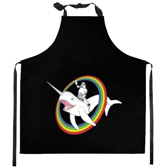 Spaceman riding narwhal through rainbow Kitchen Aprons