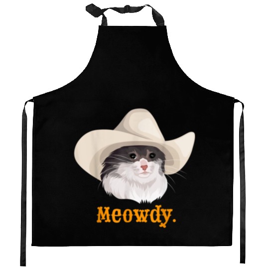 Meowdy Sad Cat Wearing a Cowboy Hat Meme Kitchen Aprons