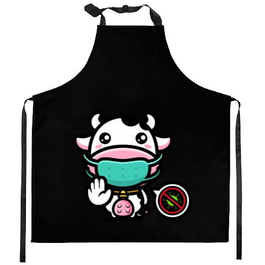 Cute Anti-Covid Cow With Quarantine Mouthguard Kitchen Aprons