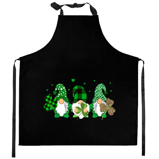 Three Gnomes Holding Shamrock Leopard Plaid Kitchen Aprons