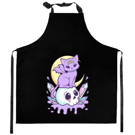 Pastel Goth Cute Creepy Witchy Cat and Skull Kitchen Aprons