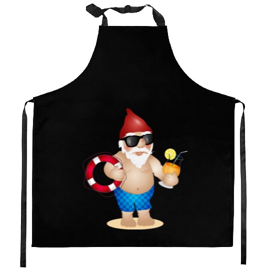 Garden gnome with swimming trunks and lifebuoy Kitchen Aprons