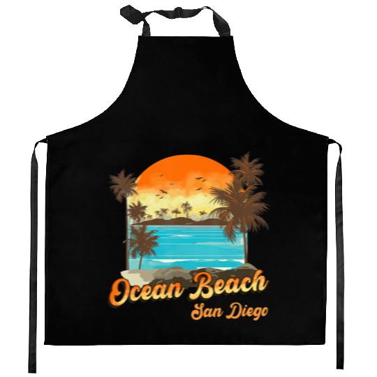 Ocean Beach San Diego Summer Vacation Sunset Palm Kitchen Aprons