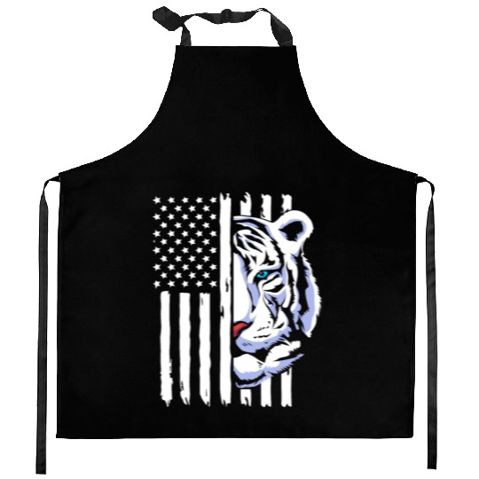 4th Of July American Flag White Tiger Kitchen Aprons