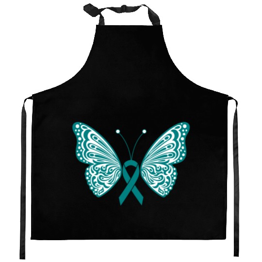 Ovarian Cancer Awareness Teal Ribbon Butterfly Kitchen Aprons