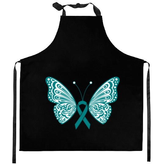 Ovarian Cancer Awareness Teal Ribbon Butterfly Kitchen Aprons