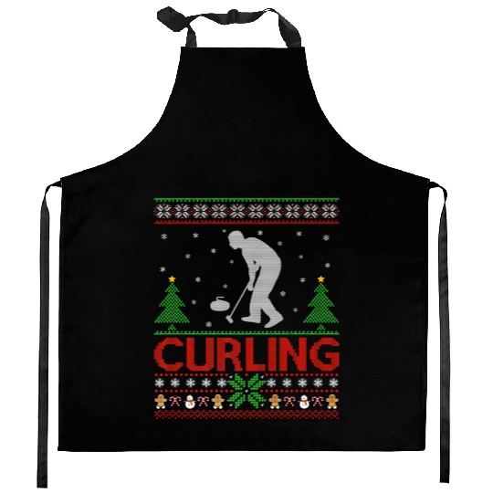 Curling Sports Lover Santa Ugly Curling Christmas Kitchen Aprons