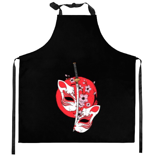 Kitsune mask Japanese sword Katana Japanese Kitchen Aprons