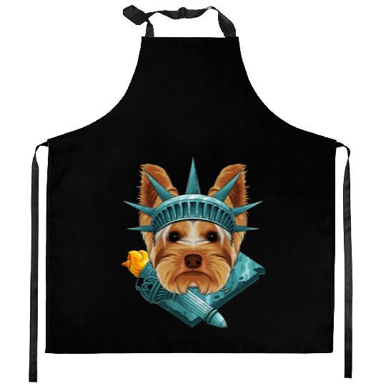 Statue Of Liberty Yorkshire Terrier 4th Of July US Kitchen Aprons