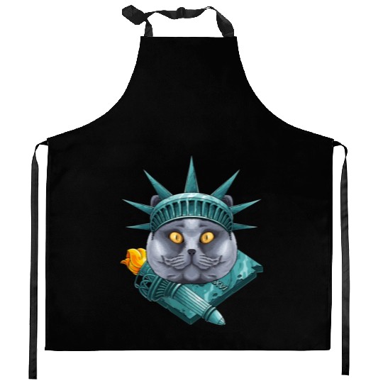 Statue Of Liberty British Shorthair 4th Of July US Kitchen Aprons
