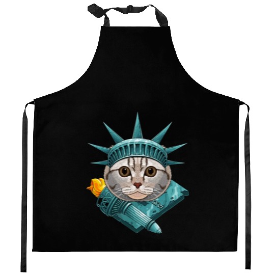 Statue Of Liberty Scottish Fold 4th Of July Cat US Kitchen Aprons