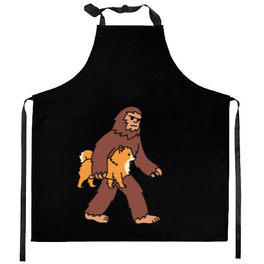 Bigfoot Sasquatch Walking Pomeranian Kitchen Aprons