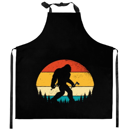 Funny Retro Vintage Style Bigfoot in Throwing Axe Kitchen Aprons