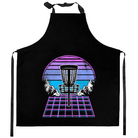 Disc Golf Basket 90s Synthwave Sunset Retrowave Kitchen Aprons