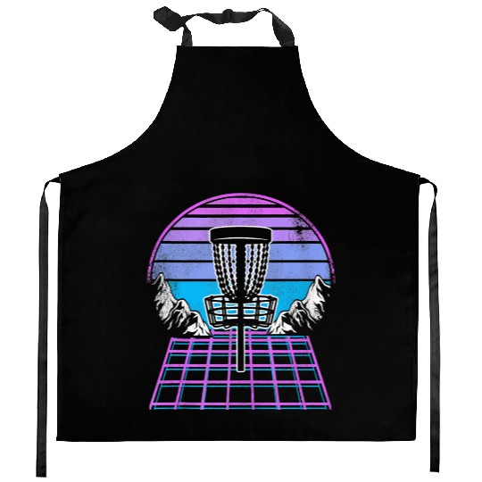 Disc Golf Basket 90s Synthwave Sunset Retrowave Kitchen Aprons