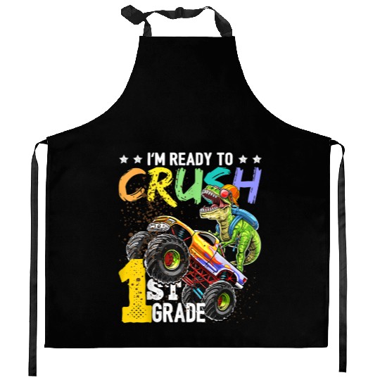 1st Grade Dinosaur Monster Truck Back To School Kitchen Aprons