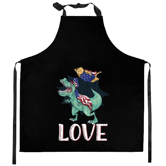 Love America Cat Dinosaur USA Flag 4th Of July Kitchen Aprons