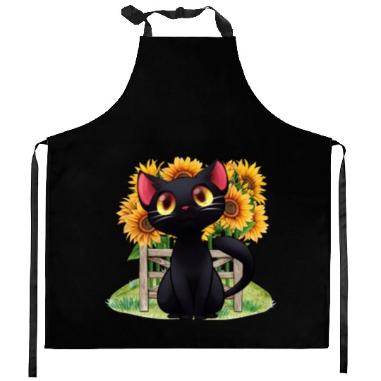 Black Cat With SunFlowers, Gifts For Kitten Lovers Kitchen Aprons