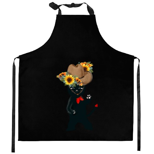 Black Cat With SunFlowers, Gifts For Kitten Lovers Kitchen Aprons