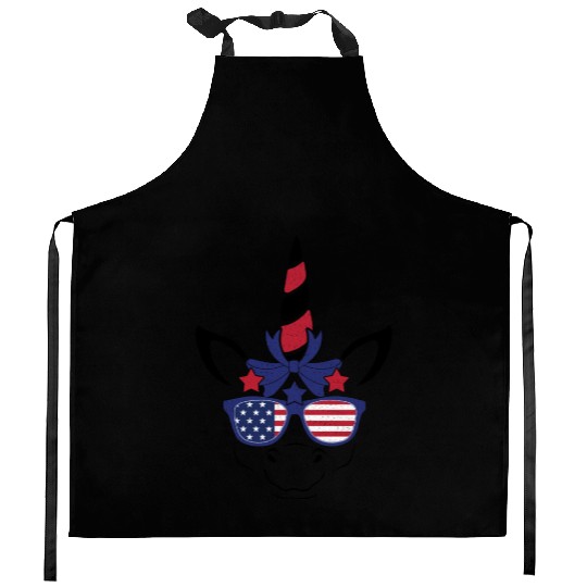 Cute Unicorn America American Flag 4th Of July Kitchen Aprons