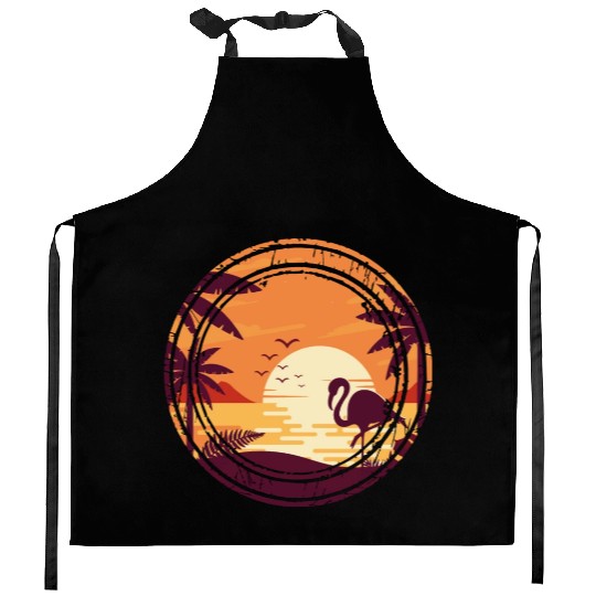 Flamingo Retro Sunset , Beach, Palm Trees Kitchen Aprons