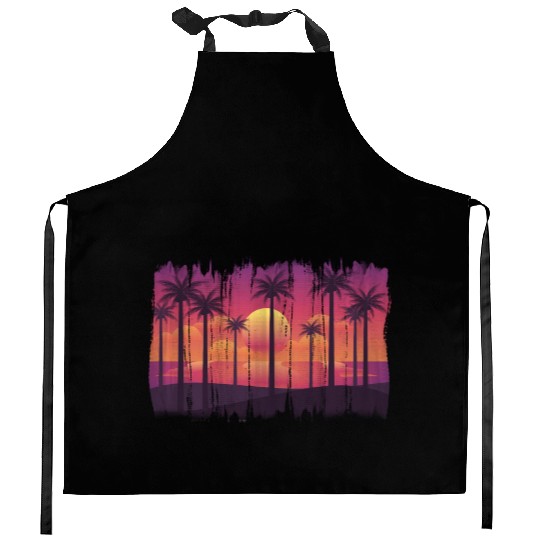 Purple Sunset , Beach, Palm Trees, Vacation Kitchen Aprons