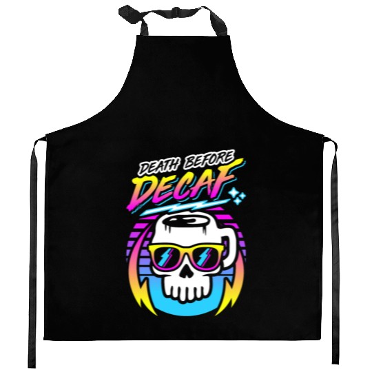 Death Before Decaf (Skull Mug) Retro Neon 80s 90s Kitchen Aprons