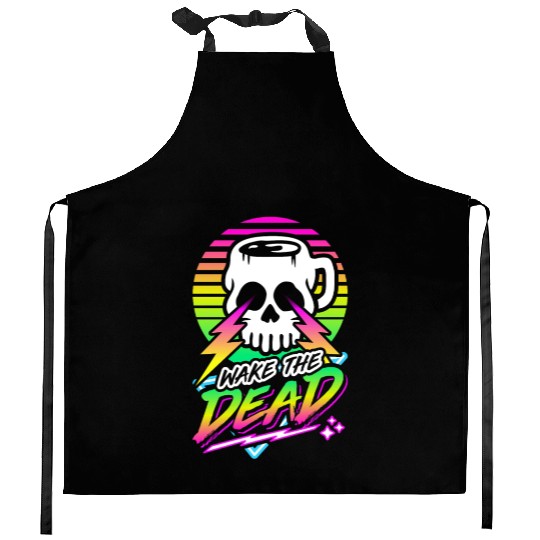 Wake The Dead (Skull Mug) Retro Neon Synthwave 80s Kitchen Aprons