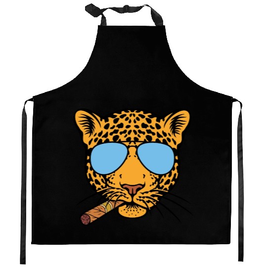 Jaguar with aviator sunglasses and Cuban cigar Kitchen Aprons