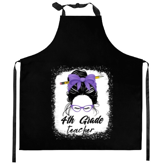 4th grade teacher messy bun back to school funny Kitchen Aprons