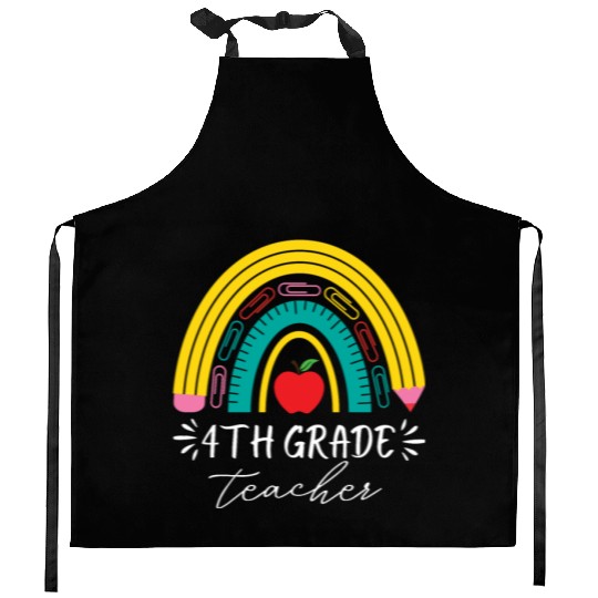 4th grade teacher back to school rainbow pencil Kitchen Aprons