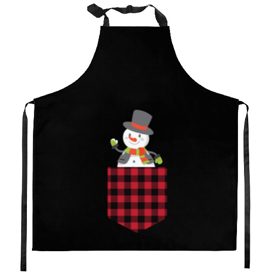 Christmas Cute Snowman In Buffalo Plaid Pocket Kitchen Aprons
