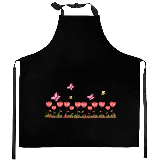 red roses line butterfly nature grass Kitchen Aprons