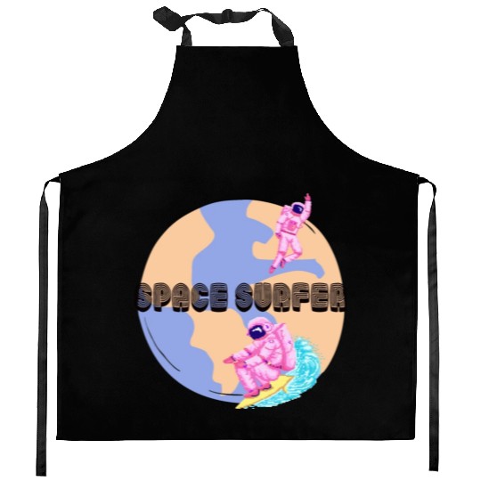 Space Surfer Two Astronauts and Planet Earth Kitchen Aprons