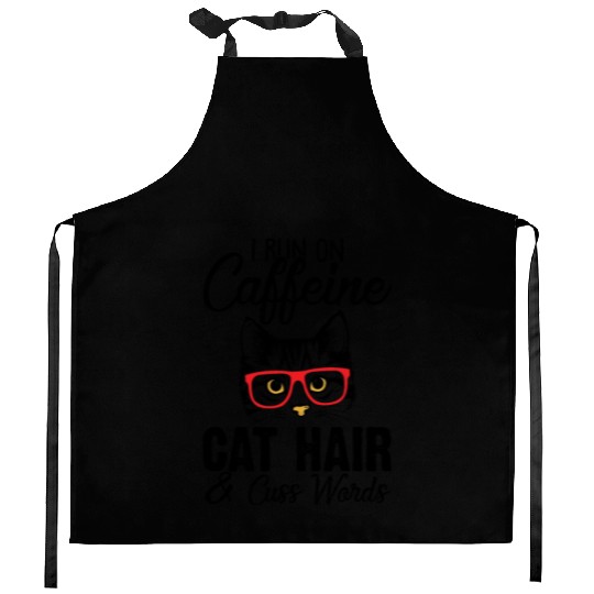 I Run On Caffeine Cat Hair And Cuss Words Funny Kitchen Aprons