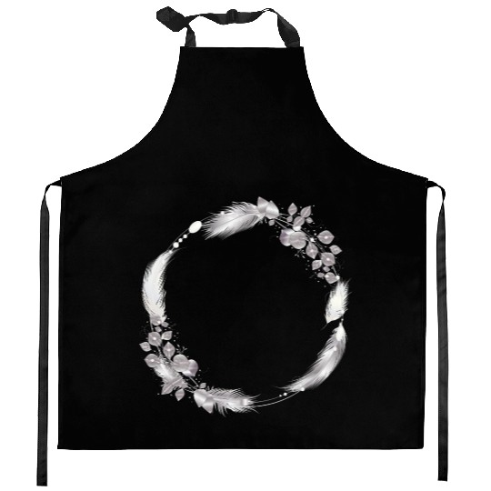 delicate frame of silver colored feathers & leaves Kitchen Aprons