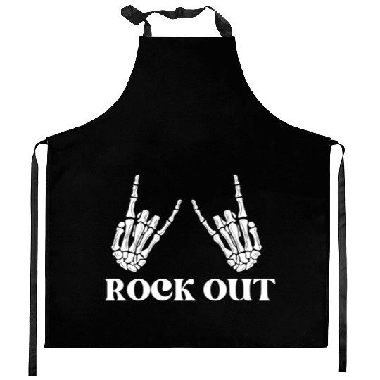 rock and roll rock out skeleton hand peace sign Kitchen Aprons