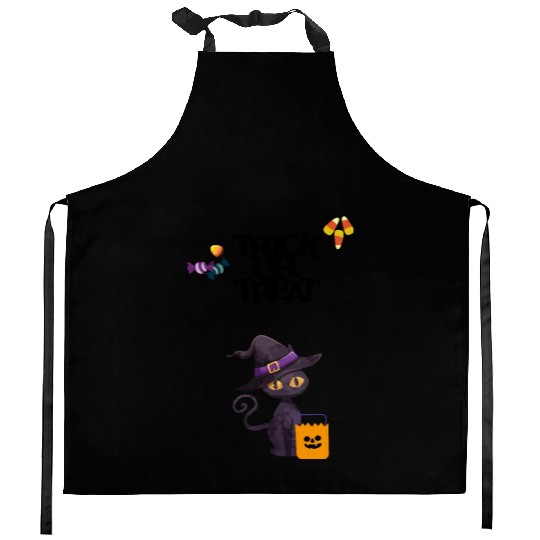 trick or treat with black cat for happy halloween Kitchen Aprons