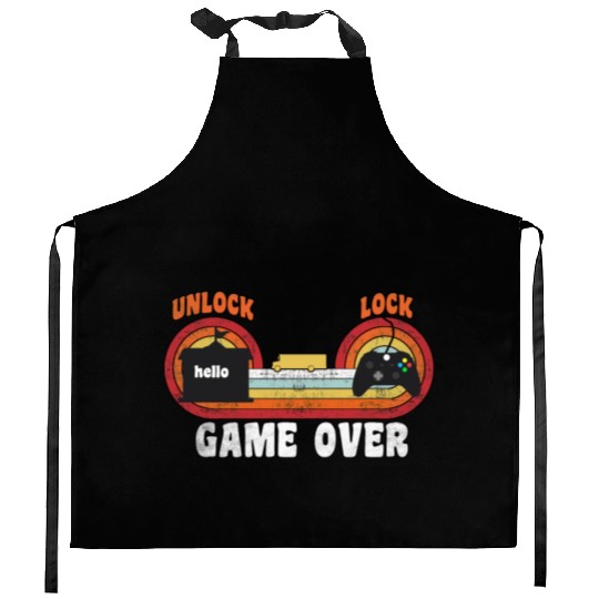 Back to School games over retro vintage Kitchen Aprons