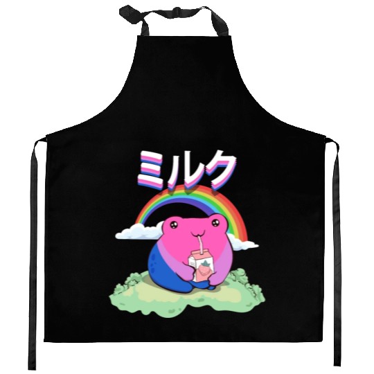 Kawaii Frog Strawberry Milk Bisexual Pride Flag Kitchen Aprons