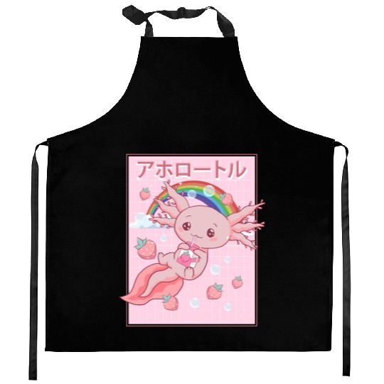 Kawaii Axolotl Strawberry Milk Kitchen Aprons