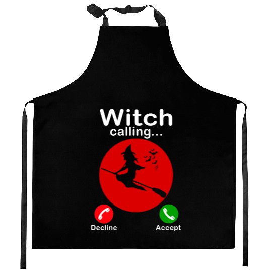 Witch is calling Trick or Treat Funny Halloween Kitchen Aprons