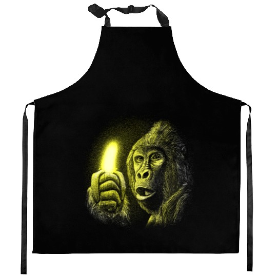 Gorilla and neon banana Kitchen Aprons