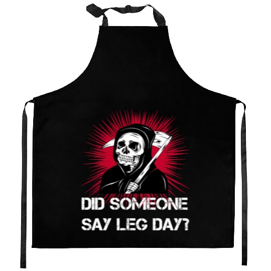 Grim Reaper Leg Day Black Metal skull and scythe Kitchen Aprons