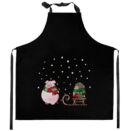 Winter fun with pig and hedgehog Kitchen Aprons