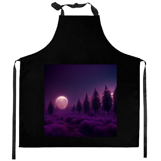 Forest in night above purple clouds, moon Kitchen Aprons