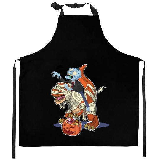 Halloween monster riding dinosaur mummy Kitchen Aprons