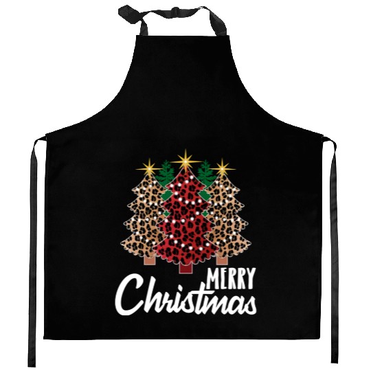 Cute Merry Christmas Leopard Print Tree Christmas Kitchen Aprons