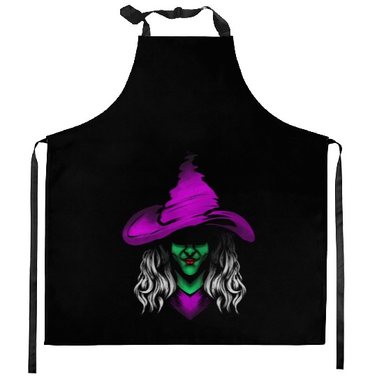 Evil Witch With Green Skin And Purple Hat For Kitchen Aprons
