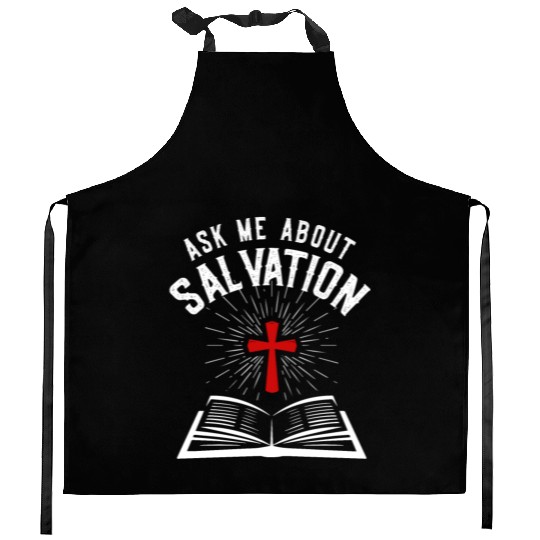 ASK ME ABOUT SALVATION (BIBLE-WHITE) Kitchen Aprons